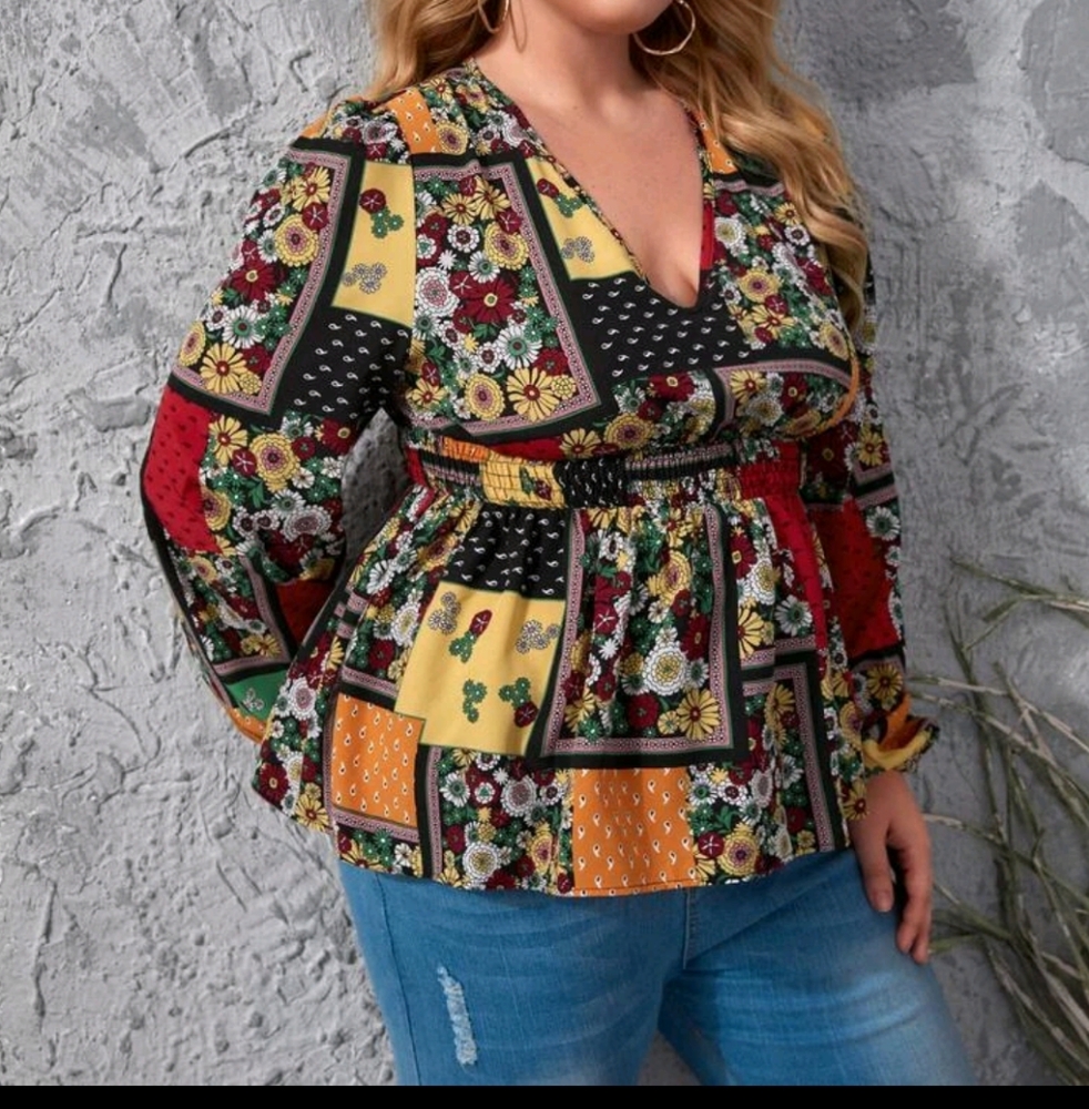 SHEIN NWOT Curve Plus Patchwork Floral autumn boho Ruffle Hem V Neck Blouse
